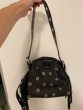Maje Black Leather Shoulder Bag with Silver Details & Fringe